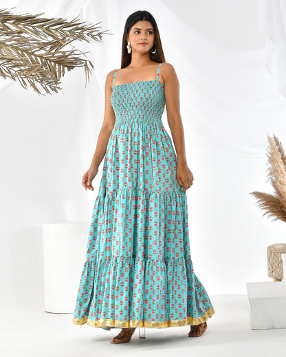 TURQUOISE FLORAL BUTA FLOOR LENGHT DRESS