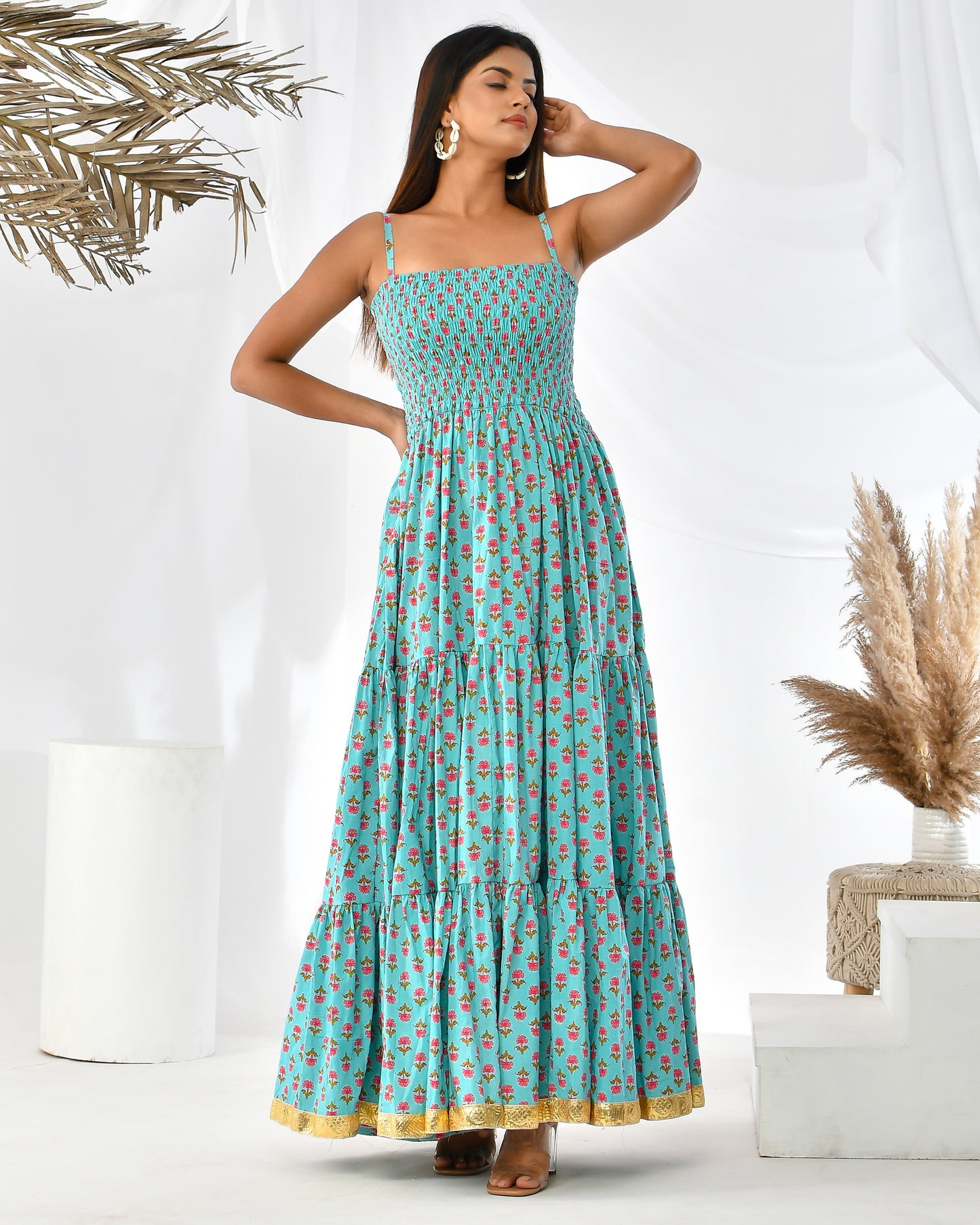 TURQUOISE FLORAL BUTA FLOOR LENGHT DRESS