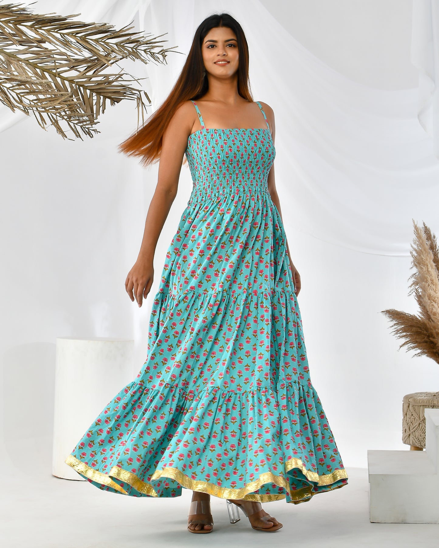 TURQUOISE FLORAL BUTA FLOOR LENGHT DRESS