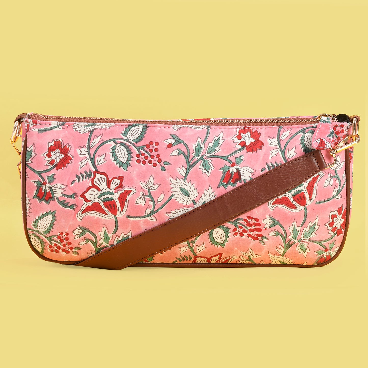 COSMOS PINK HANDBLOCK PRINTED BAGUETTE BAG