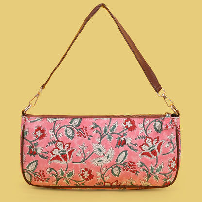 COSMOS PINK HANDBLOCK PRINTED BAGUETTE BAG