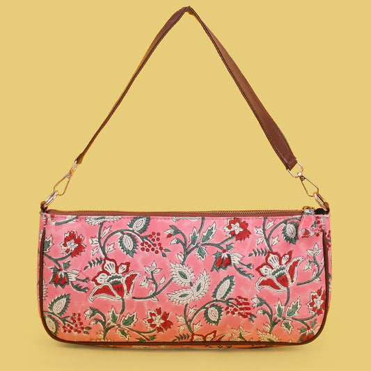 COSMOS PINK HANDBLOCK PRINTED BAGUETTE BAG