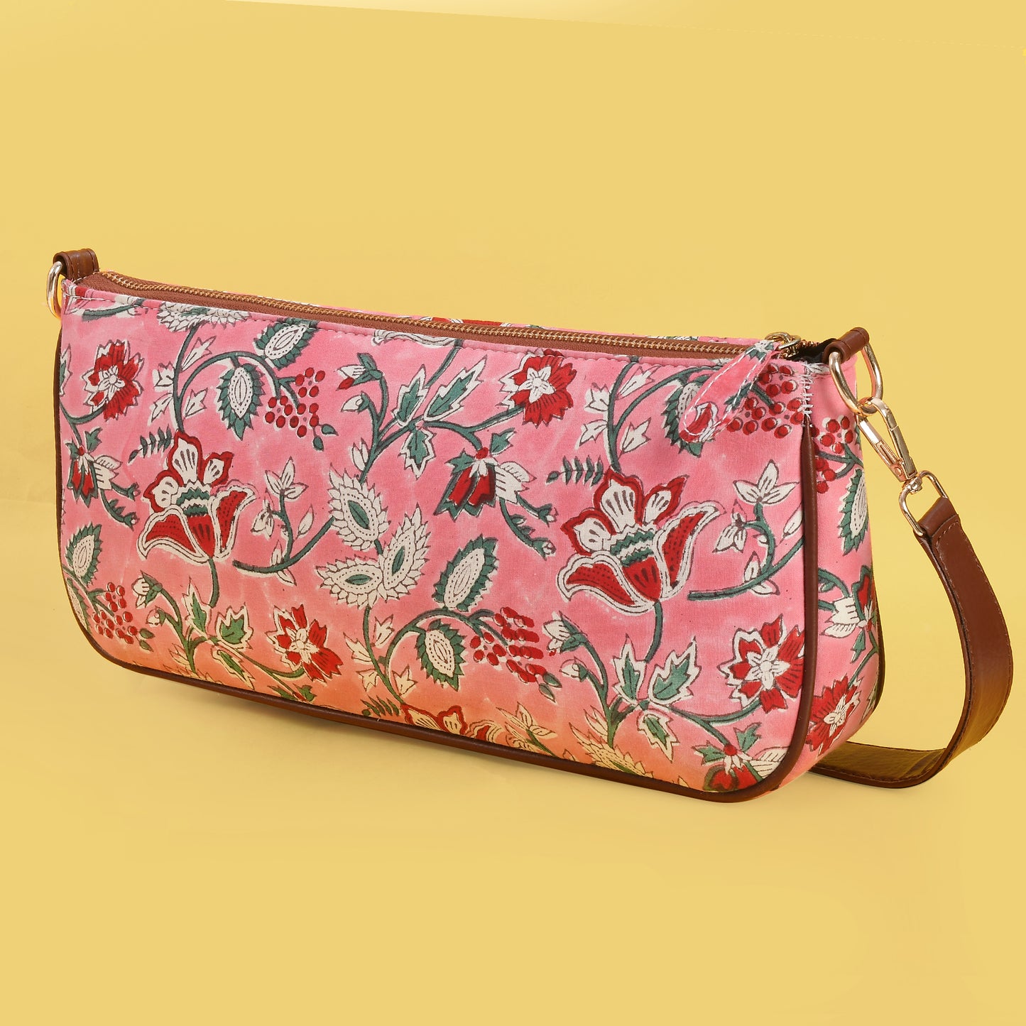 COSMOS PINK HANDBLOCK PRINTED BAGUETTE BAG