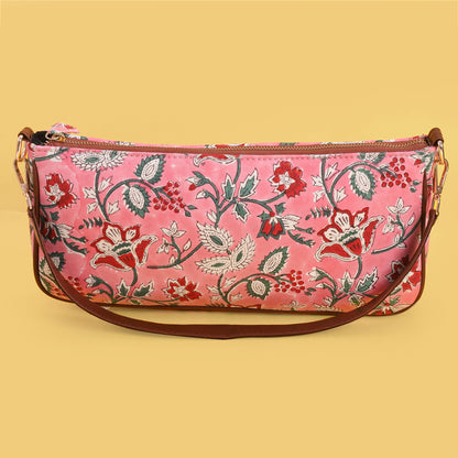 COSMOS PINK HANDBLOCK PRINTED BAGUETTE BAG