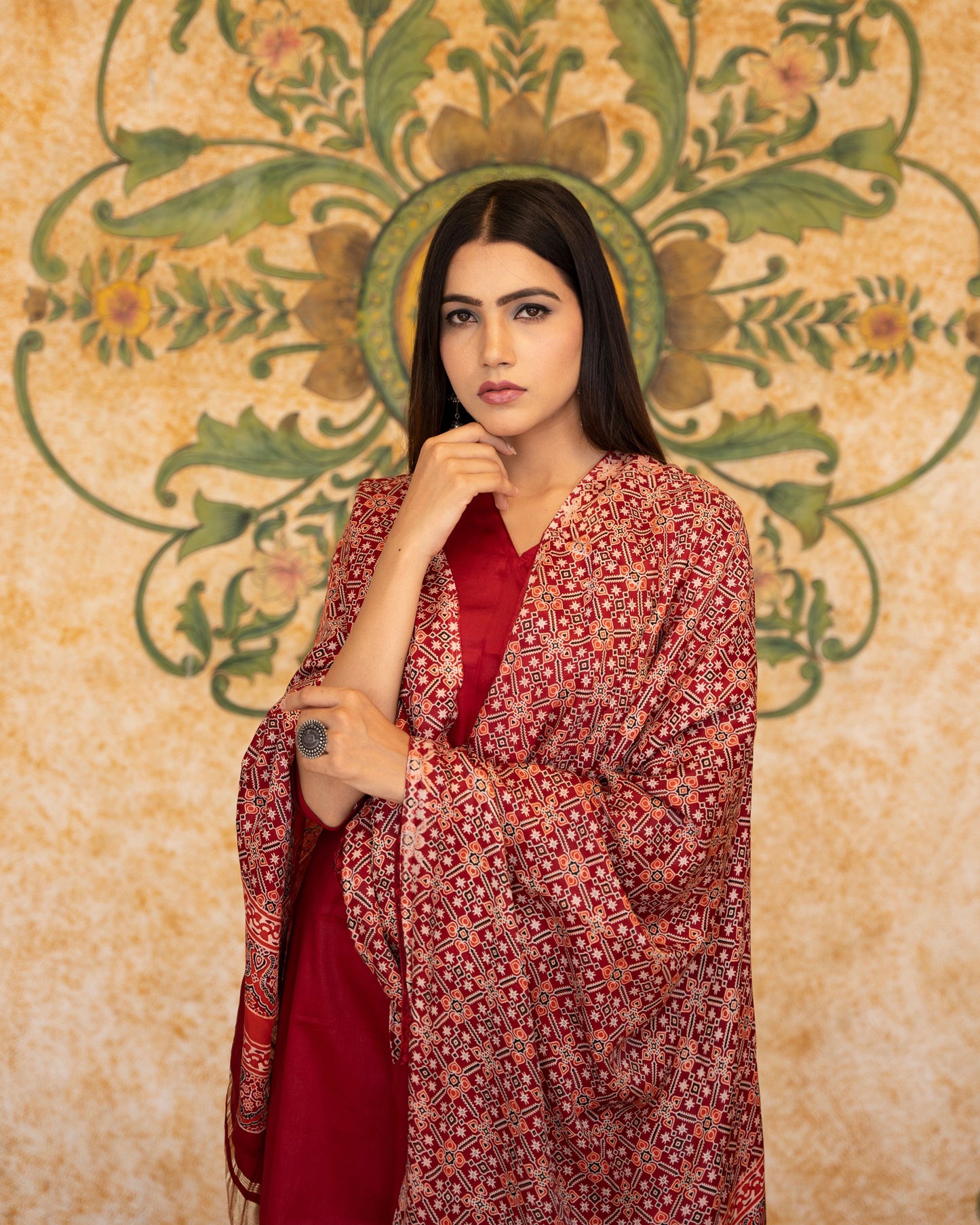 MYRA MAROON AJRAKH DUPATTA SUIT SET