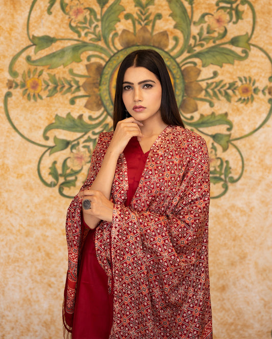 MYRA MAROON AJRAKH DUPATTA SUIT SET