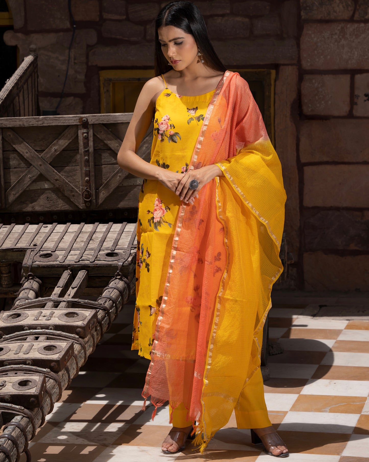 SUNEHARI  YELLOW CHANDERI SUIT SET