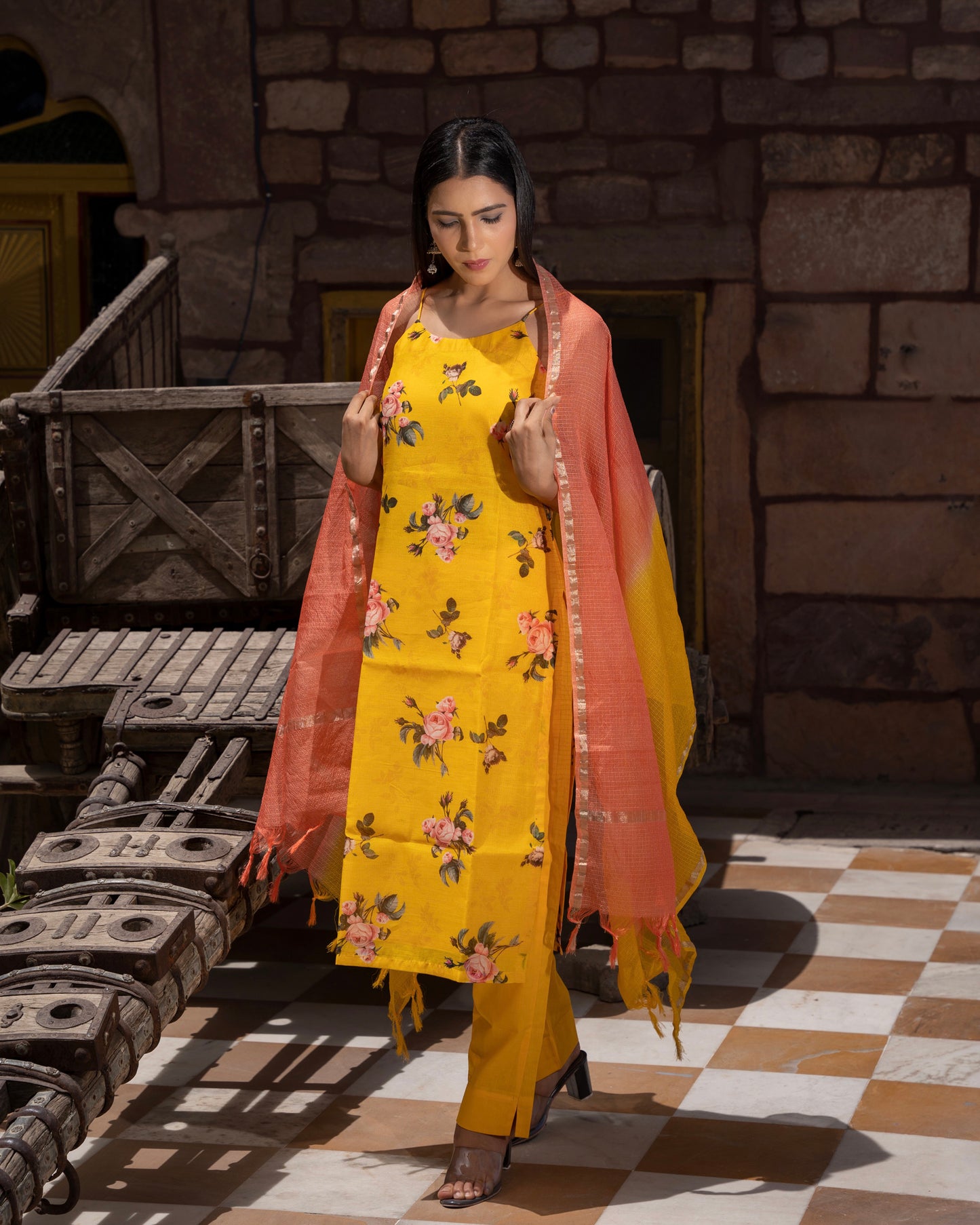 SUNEHARI  YELLOW CHANDERI SUIT SET