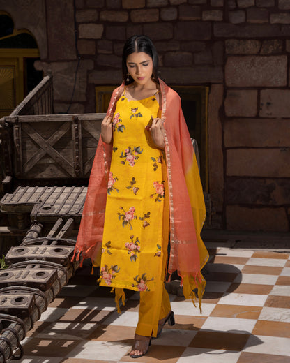 SUNEHARI  YELLOW CHANDERI SUIT SET