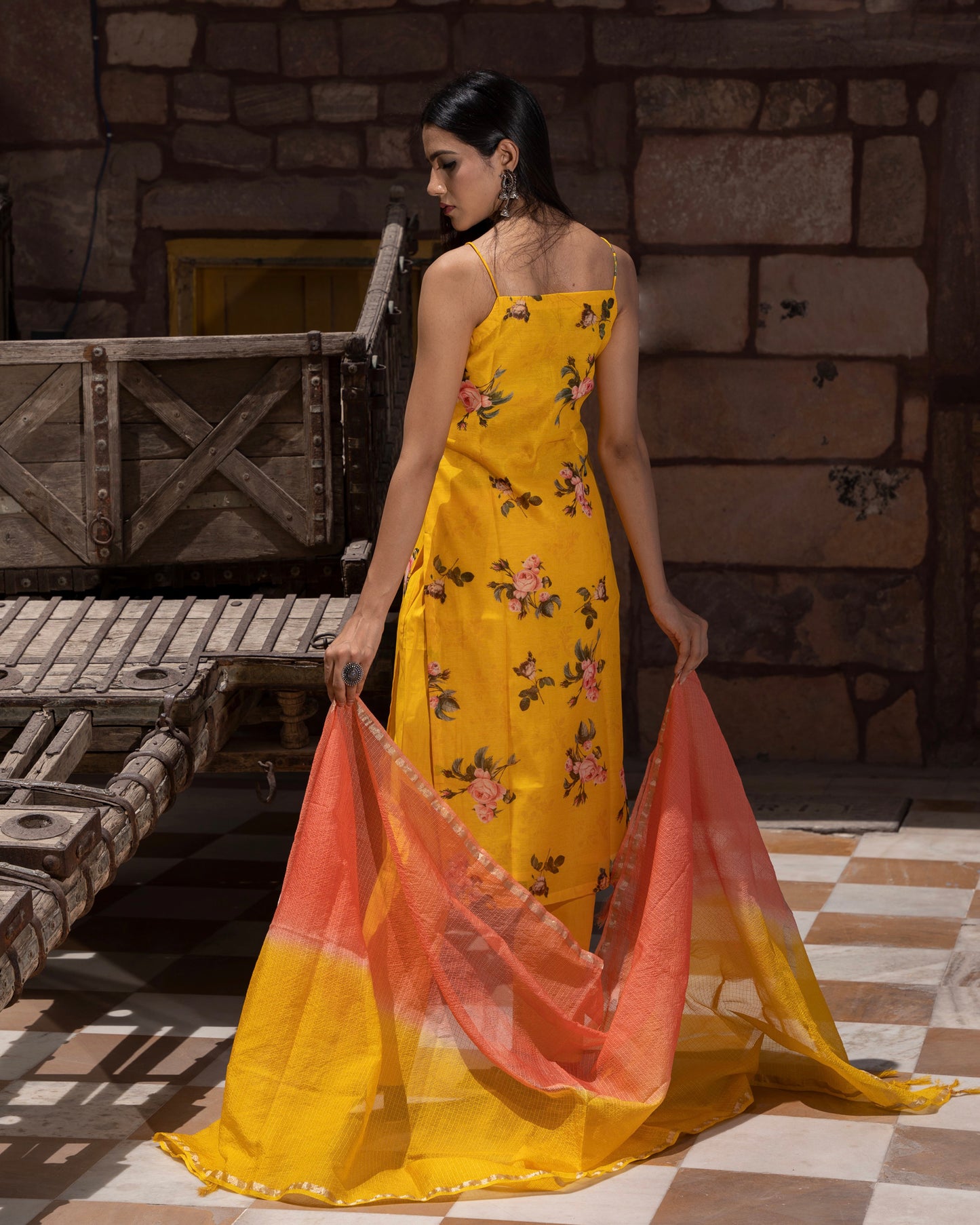 SUNEHARI  YELLOW CHANDERI SUIT SET
