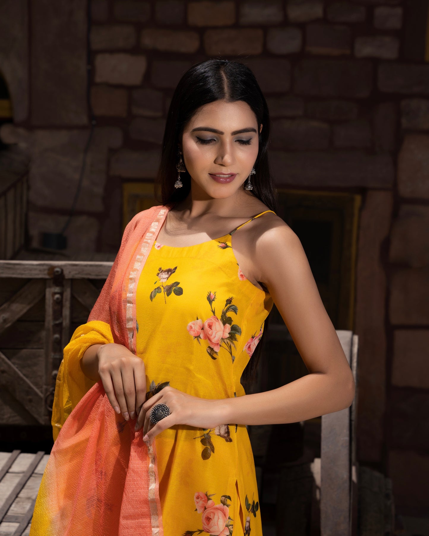 SUNEHARI  YELLOW CHANDERI SUIT SET