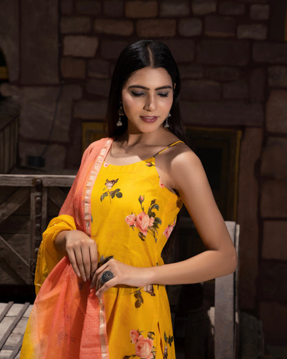SUNEHARI  YELLOW CHANDERI SUIT SET