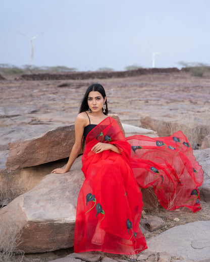BLACK POPPIES RUBY ORGANZA HAND PAINTED SAREE