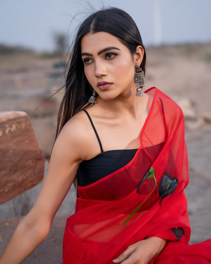 BLACK POPPIES RUBY ORGANZA HAND PAINTED SAREE