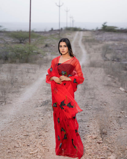 BLACK POPPIES RUBY ORGANZA HAND PAINTED SAREE