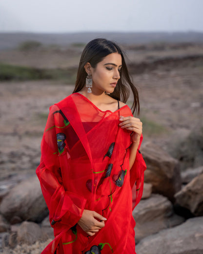 BLACK POPPIES RUBY ORGANZA HAND PAINTED SAREE