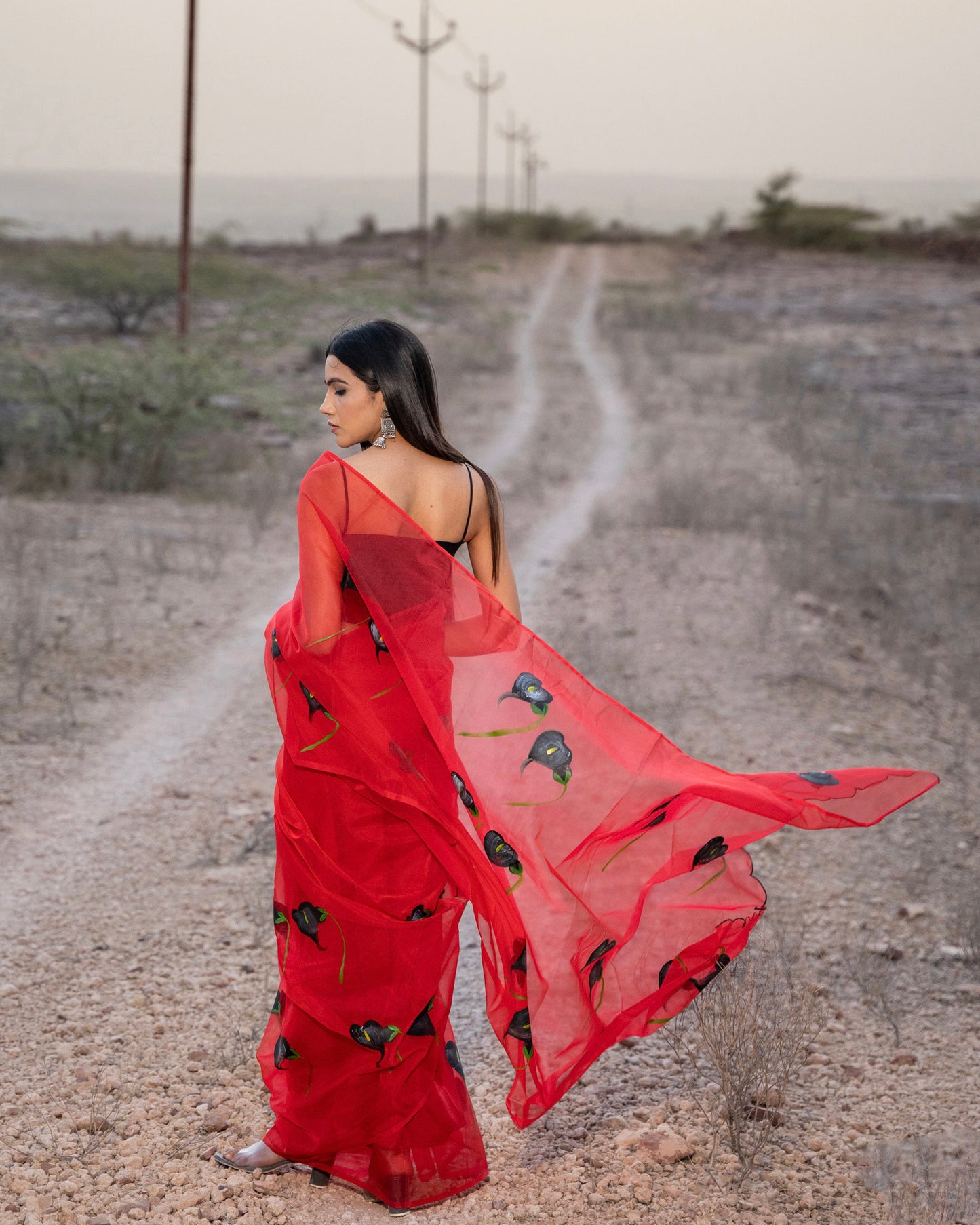BLACK POPPIES RUBY ORGANZA HAND PAINTED SAREE