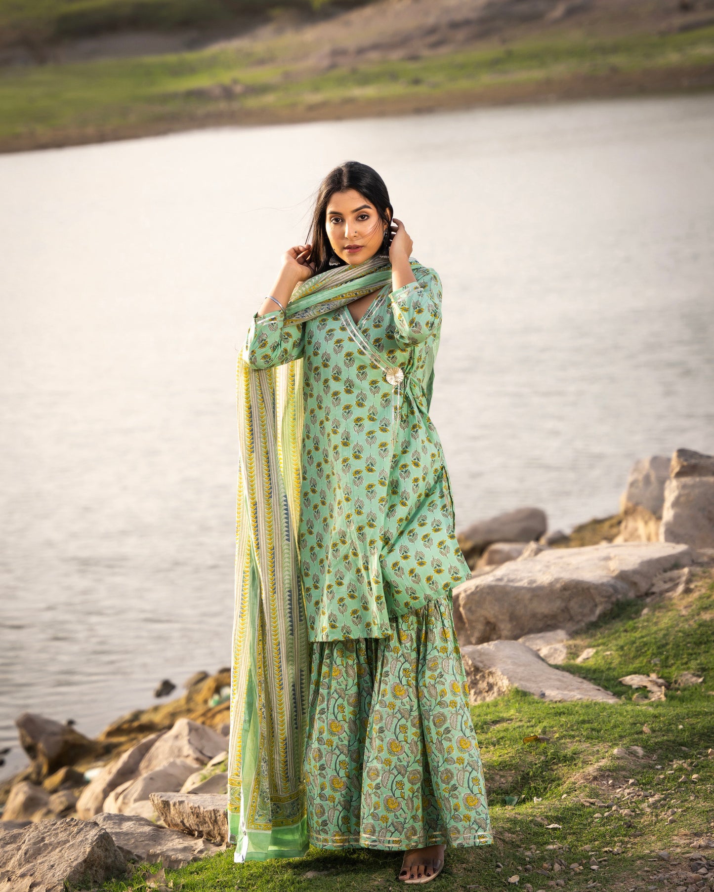 PASTEL GREEN ANGRAKHA SHARARA SET