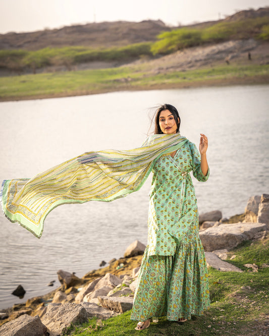 PASTEL GREEN ANGRAKHA SHARARA SET