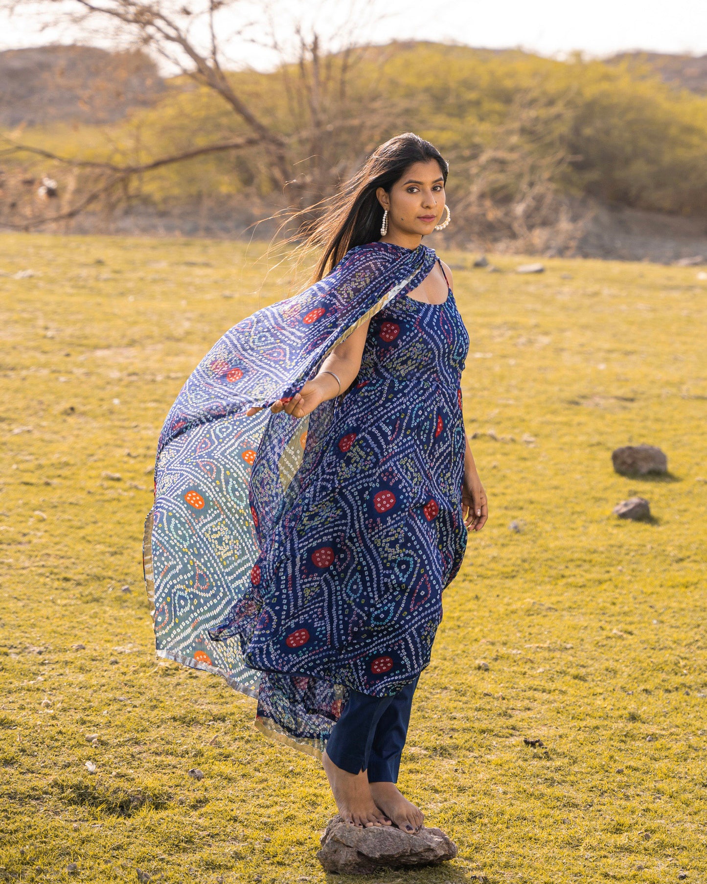 ROYAL BLUE BANDHANI ANARKALI SUIT SET