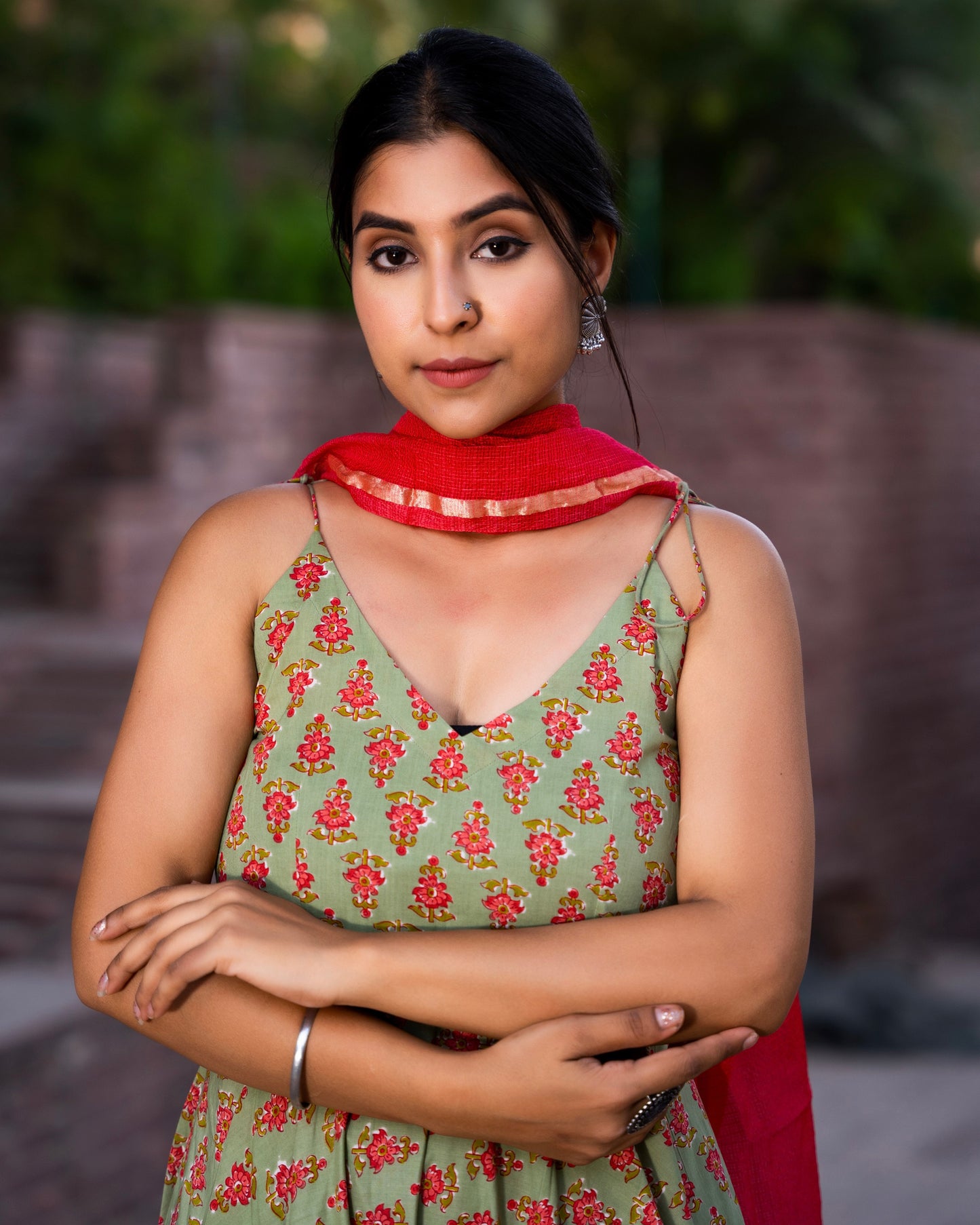 LUSH GREEN HAND BLOCK PRINTED SUIT SET