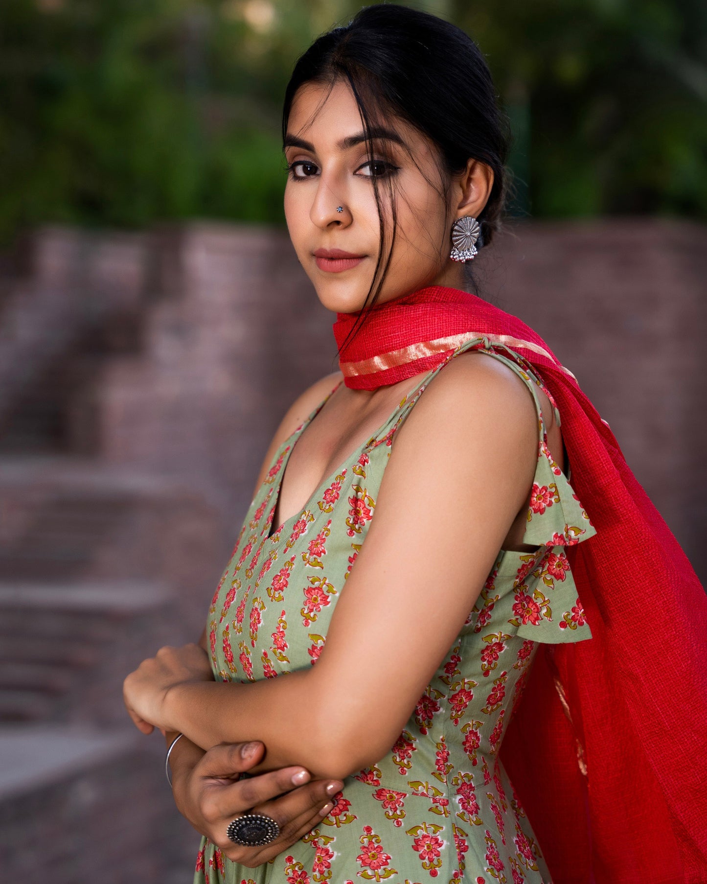 LUSH GREEN HAND BLOCK PRINTED SUIT SET