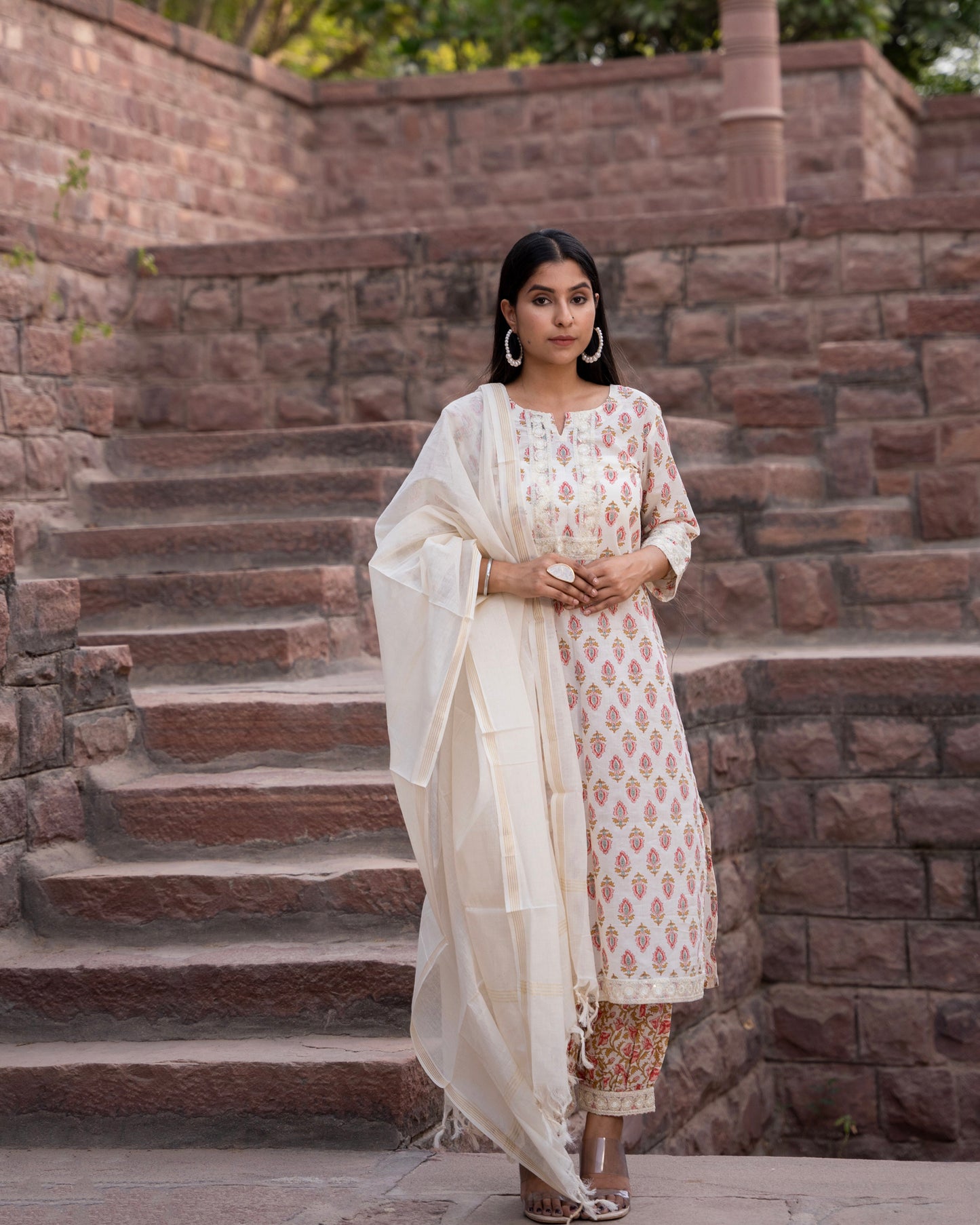 ALBELI OFF WHITE HAND BLOCK PRINT SUIT SET