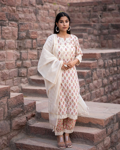 ALBELI OFF WHITE HAND BLOCK PRINT SUIT SET