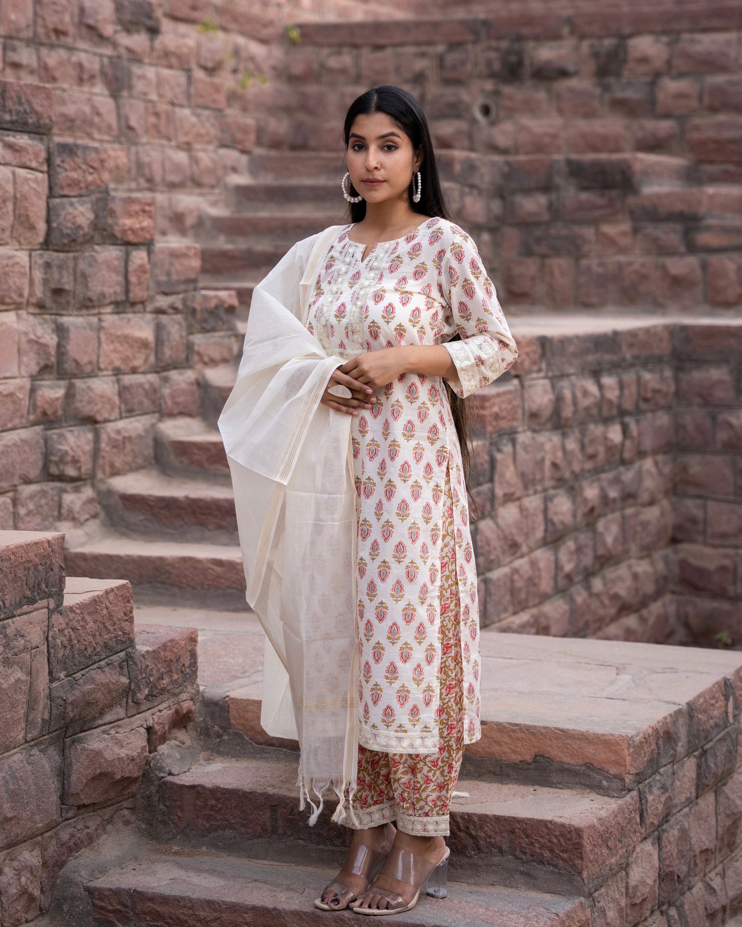 ALBELI OFF WHITE HAND BLOCK PRINT SUIT SET