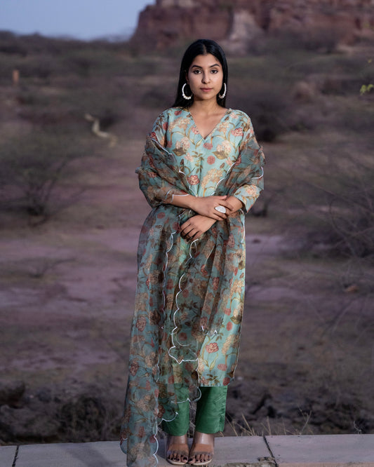 PISTACHIO FLORAL CHANDERI SUIT SET