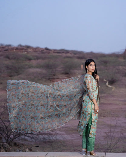 PISTACHIO FLORAL CHANDERI SUIT SET