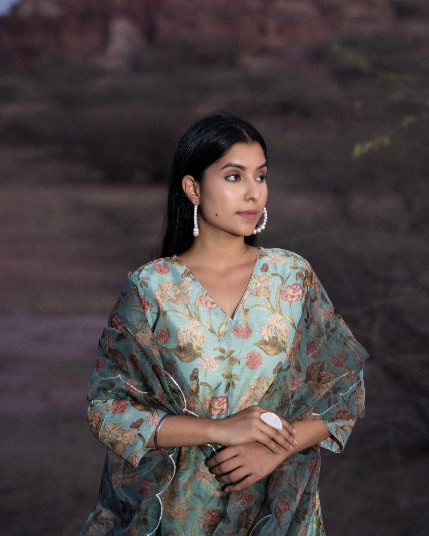 PISTACHIO FLORAL CHANDERI SUIT SET
